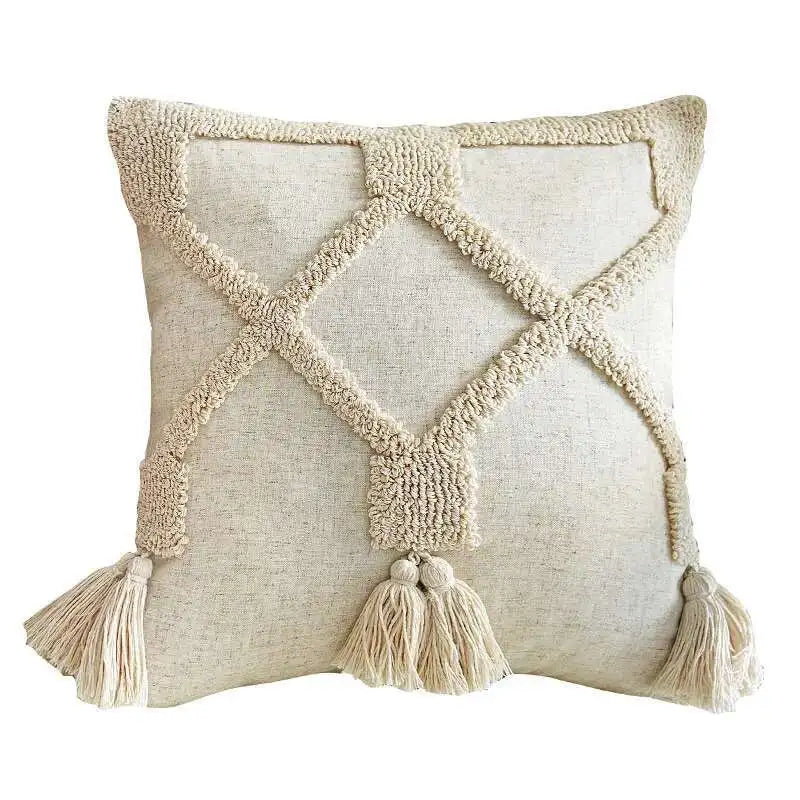 Boho Linen Tassel Throw Pillow Cover – Neutral Beige Cushion Case for Living Room Decor