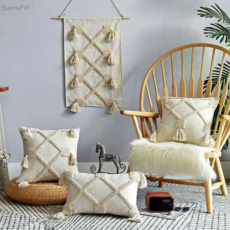 Boho Linen Tassel Throw Pillow Cover – Neutral Beige Cushion Case for Living Room Decor