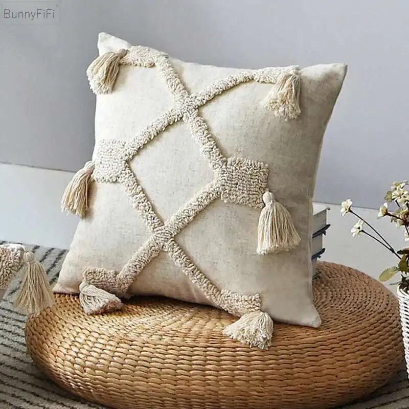 Boho Linen Tassel Throw Pillow Cover – Neutral Beige Cushion Case for Living Room Decor