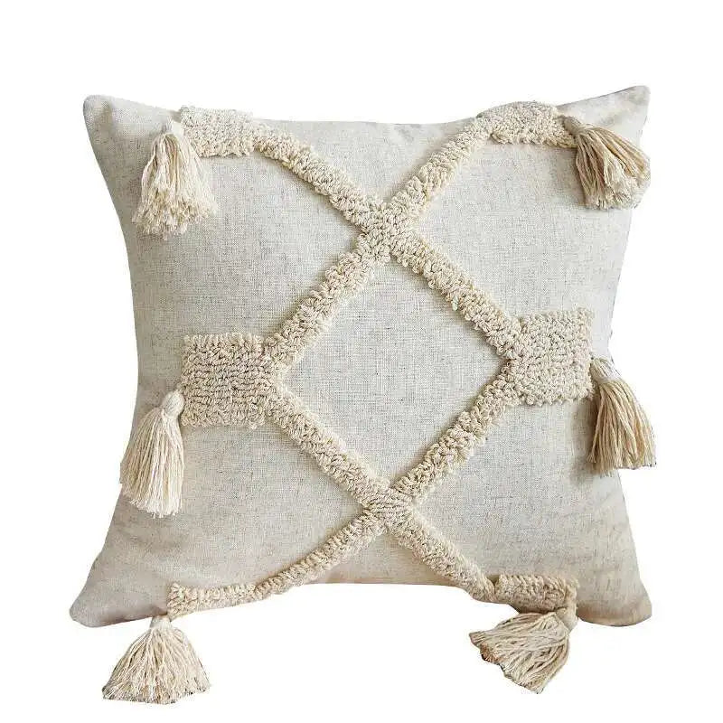 Boho Linen Tassel Throw Pillow Cover – Neutral Beige Cushion Case for Living Room Decor
