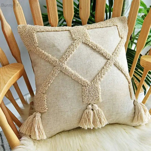 Boho Linen Tassel Throw Pillow Cover – Neutral Beige Cushion Case for Living Room Decor