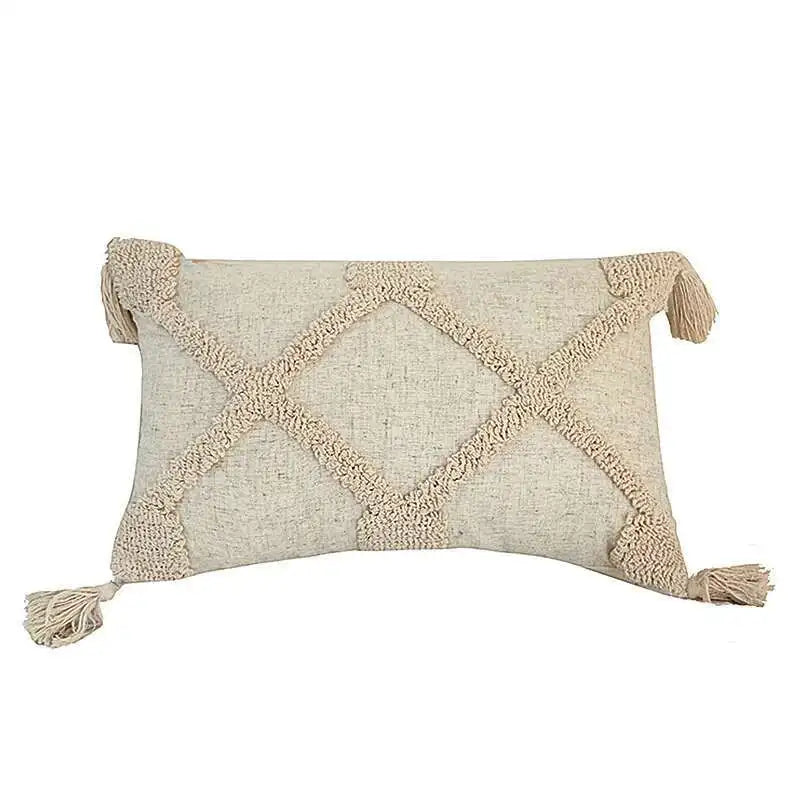 Boho Linen Tassel Throw Pillow Cover – Neutral Beige Cushion Case for Living Room Decor