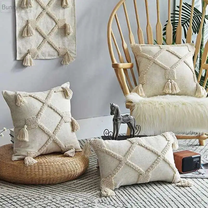 Boho Linen Tassel Throw Pillow Cover – Neutral Beige Cushion Case for Living Room Decor