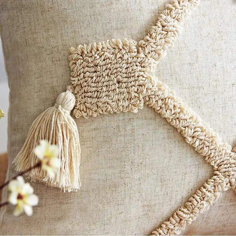 Boho Linen Tassel Throw Pillow Cover – Neutral Beige Cushion Case for Living Room Decor